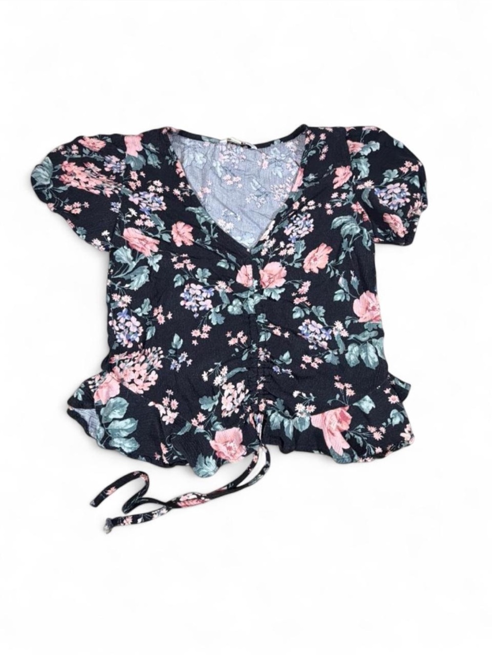 American Eagle Floral Ruched Tie Front Top Coquette Baby Tee XS Petite